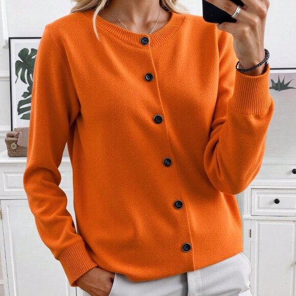 Orange Casual Women's Round Neck Front Button Cardigan - Picture 1 of 6